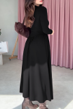 Black Elegant Solid Color Ruched O Neck Long Plus Size Dresses