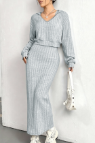Light Gray Casual Solid Color Patchwork V Neck Long Sleeve Two Pieces
