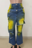 Blue Yellow Casual Ripped Mid Waist Loose Denim Jeans