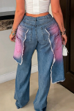 Blue Yellow Casual Ripped Mid Waist Loose Denim Jeans