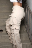 Khaki Casual Solid Color Ripped Pocket Mid Waist Loose Denim Jeans