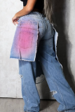 Blue Yellow Casual Ripped Mid Waist Loose Denim Jeans