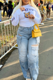 Khaki Casual Solid Color Ripped Pocket Mid Waist Loose Denim Jeans