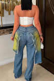 Blue Yellow Casual Ripped Mid Waist Loose Denim Jeans