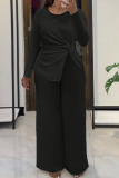 Black Casual Solid Color Ruched O Neck Plus Size Two Pieces
