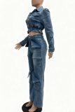 Light Blue Casual Solid Color Buckle Turndown Collar Long Sleeve Two Pieces