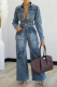 Light Blue Casual Solid Color Buckle Turndown Collar Long Sleeve Two Pieces