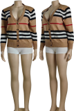 Light Brown Casual Plaid Buckle V Neck Outerwear