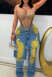 Blue Yellow Casual Ripped Mid Waist Loose Denim Jeans