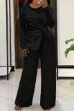 Black Casual Solid Color Ruched O Neck Plus Size Two Pieces