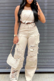 Khaki Casual Solid Color Ripped Pocket Mid Waist Loose Denim Jeans
