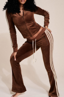 Brown Casual Stripe Contrast Zipper Collar Long Sleeve Two Pieces