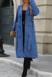 Blue Casual Solid Color Strap Design Turndown Collar Long Sleeve Loose Denim Jacket