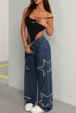 Blue Casual The stars Patchwork Loose Mid Waist Conventional Patchwork Bottoms