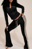 Blue Casual Stripe Contrast Zipper Collar Long Sleeve Two Pieces