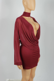 Red Halter Neck Deep V Mesh Dress Slim Bodycon Elegant Sexy Short Gown