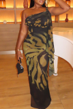 Black Elegant Print Slit Oblique Collar Long Dresses