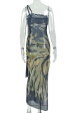 Black Elegant Print Slit Oblique Collar Long Dresses