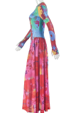Blue Red Elegant Print Ruched O Neck Long Dresses