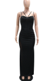 Black Shimmery Spaghetti Strap Slim Dress Side Slit Mesh Party Elegant Long Gown
