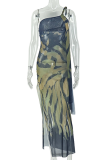 Black Elegant Print Slit Oblique Collar Long Dresses