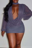 Purple Halter Neck Deep V Mesh Dress Slim Bodycon Elegant Sexy Short Gown