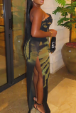Black Elegant Print Slit Oblique Collar Long Dresses