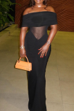 Black Sexy Solid Color See-Through Off Shoulder Long Dresses