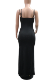 Black Shimmery Spaghetti Strap Slim Dress Side Slit Mesh Party Elegant Long Gown