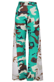 Army Green Casual Camouflage Print Contrast Loose Mid Waist Wide Leg Full Print Bottoms