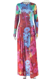 Blue Red Elegant Print Ruched O Neck Long Dresses