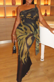 Black Elegant Print Slit Oblique Collar Long Dresses