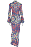 Colour Sexy Print Hollow Out O Neck Long Dresses
