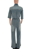 Baby Blue Casual Solid Color Buckle Turndown Collar Jumpsuits