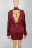Red Halter Neck Deep V Mesh Dress Slim Bodycon Elegant Sexy Short Gown