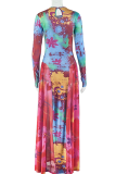 Blue Red Elegant Print Ruched O Neck Long Dresses