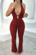 Red Casual Solid Color Hollow Out Patchwork Halter Regular Jumpsuits