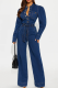 Deep Blue Casual Solid Color Buckle Strap Design O Neck Long Sleeve Loose Denim Jumpsuits