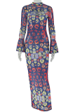 Colour Sexy Print Hollow Out O Neck Long Dresses