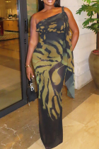 Black Elegant Print Slit Oblique Collar Long Dresses