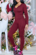 Burgundy Casual Solid Color Patchwork V Neck Long Sleeve Two Pieces