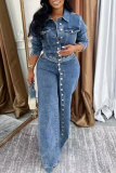Blue Casual Solid Color Buckle Turndown Collar Long Sleeve Two Pieces