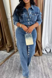 Blue Casual Solid Color Buckle Turndown Collar Long Sleeve Two Pieces