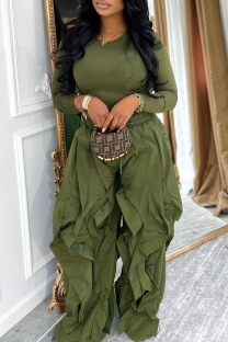Green Slim Long Sleeve Ruched Wide Leg Pants Two Piece Set Minimalist Elegant Casual Fashion Outfit