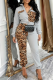 Grey Leopard Print Paneled Two Piece Set Zipper Collar Waist Casual Fashion Outfit