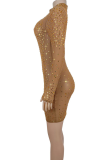 Gold Sexy Solid Color Hot Drill O Neck Wrapped Skirt Dresses