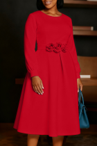 Red Elegant Solid Color Flower Shape O Neck A Line Dresses