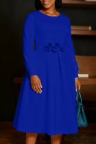 Royal Blue Elegant Solid Color Flower Shape O Neck A Line Dresses
