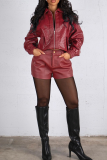 Khaki Woven Pattern Cropped Leather Jacket Zipper Collar Casual Fashion Stylish Coat