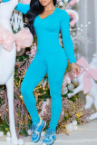 Blue Casual Solid Color Patchwork V Neck Long Sleeve Two Pieces